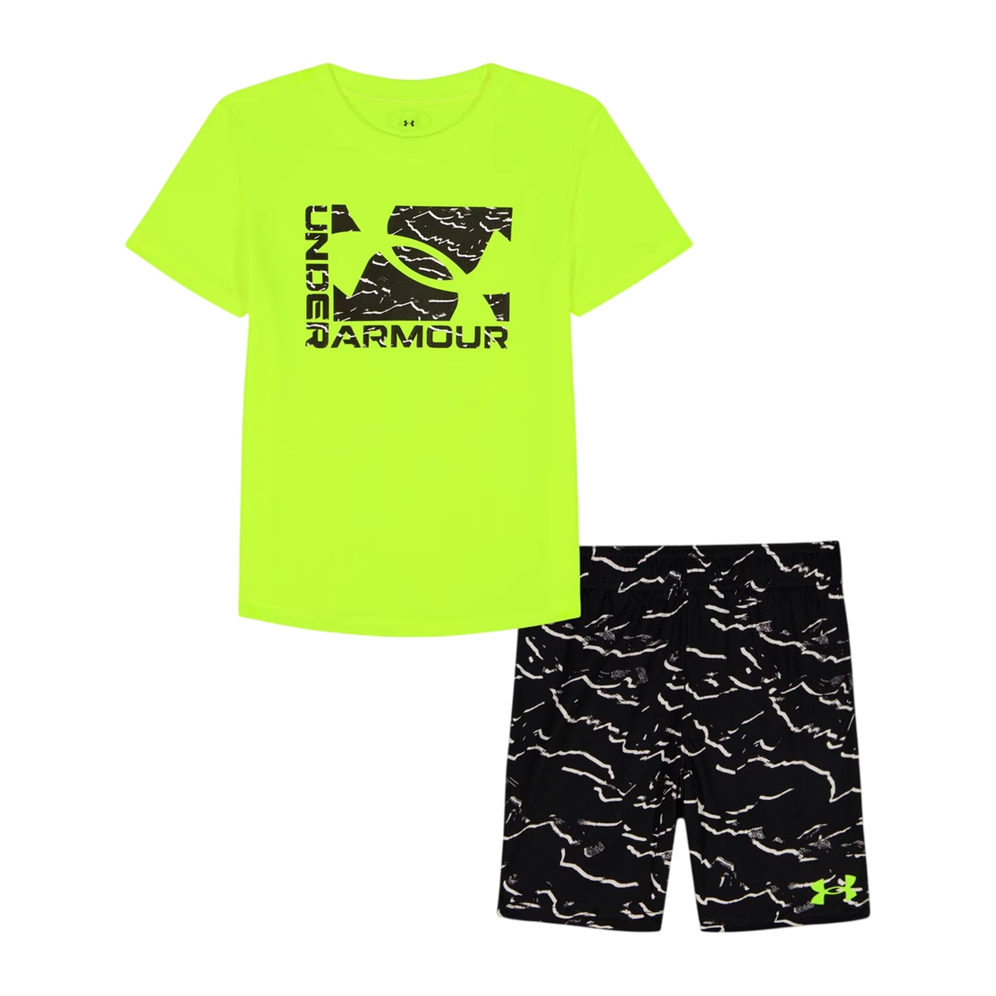 Black-Neon - Front - Under Armour Boys Tech Large Logo T-Shirt & Shorts Set