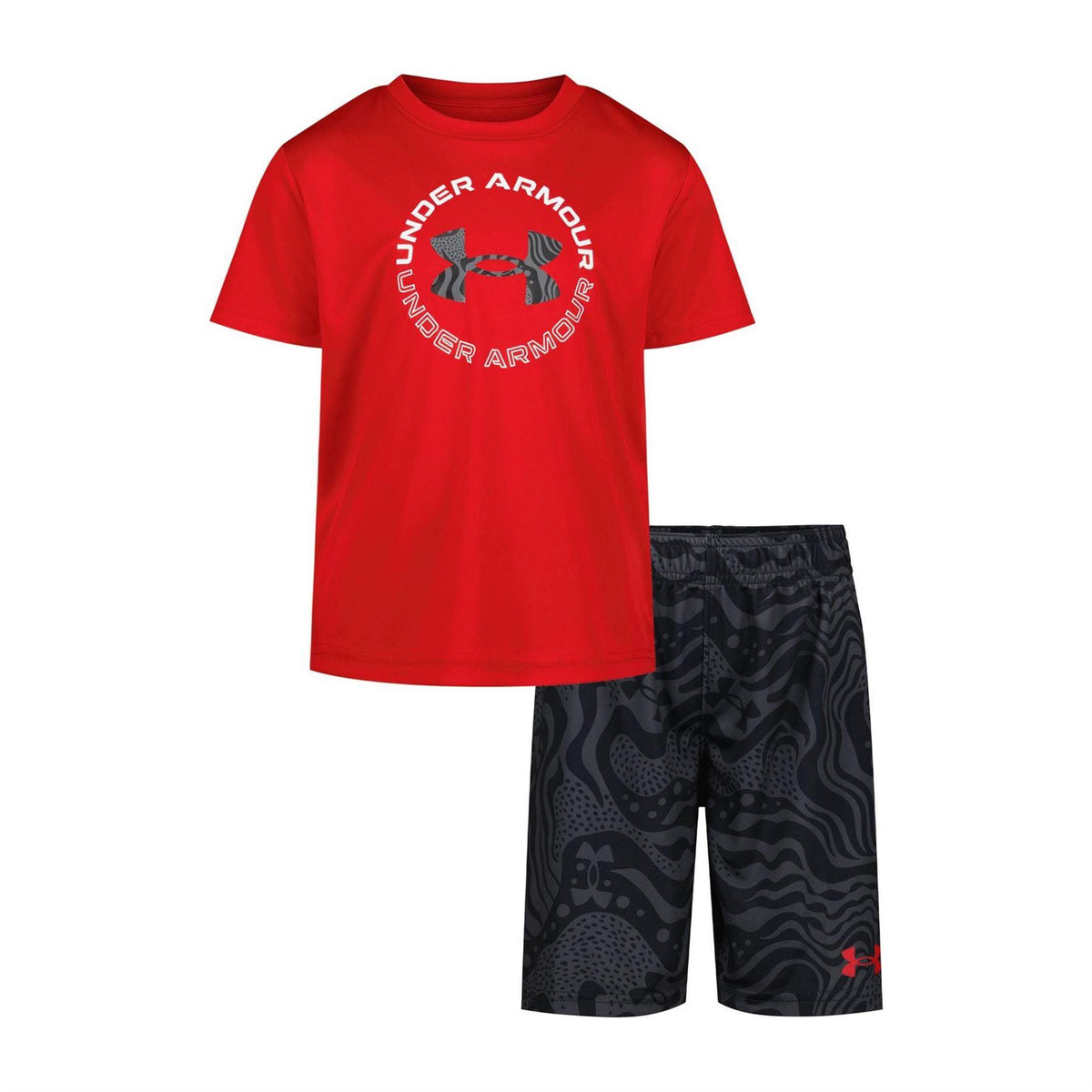 Red-Black - Front - Under Armour Boys Tech Large Logo T-Shirt & Shorts Set