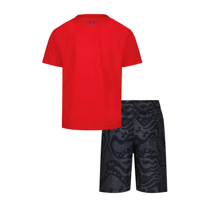 Red-Black - Back - Under Armour Boys Tech Large Logo T-Shirt & Shorts Set