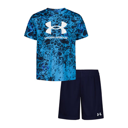 Blue-Navy - Front - Under Armour Boys Tech Large Logo T-Shirt & Shorts Set