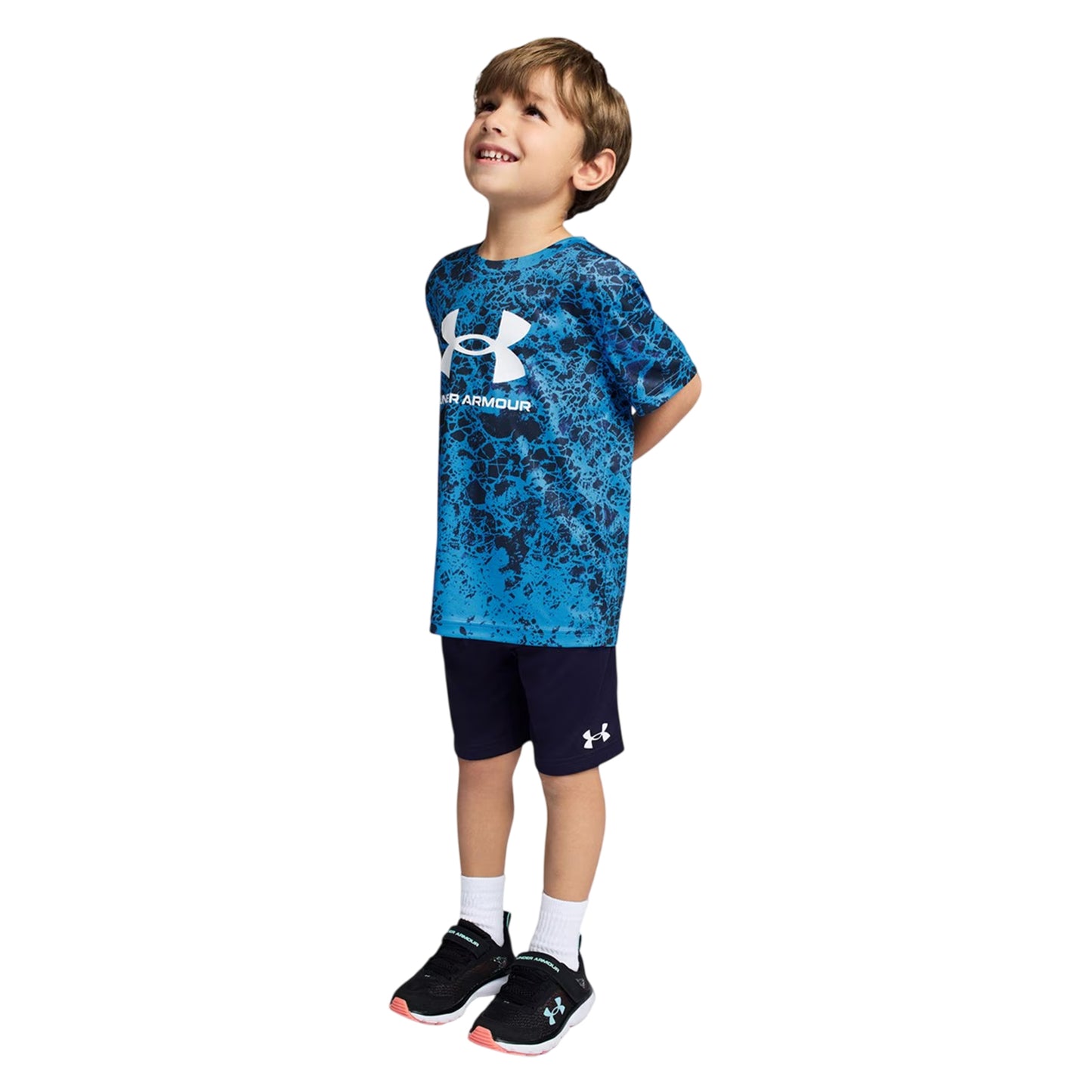 Blue-Navy - Side - Under Armour Boys Tech Large Logo T-Shirt & Shorts Set