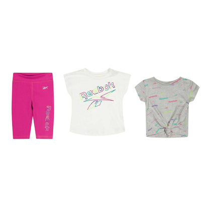 Pink-White-Grey - Front - Reebok Childrens-Kids Logo Top & Bottom Set