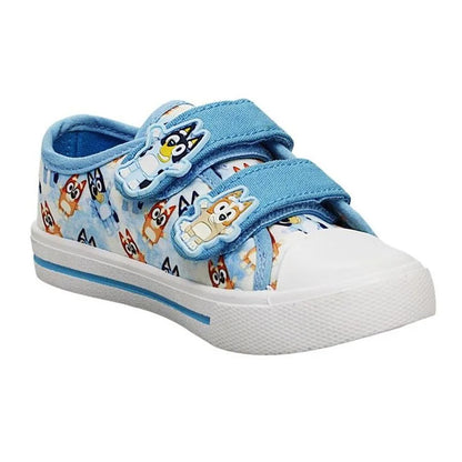 White-Blue - Side - Bluey Childrens-Kids Bluey & Bingo Canvas Hook and Loop Flat Trainers