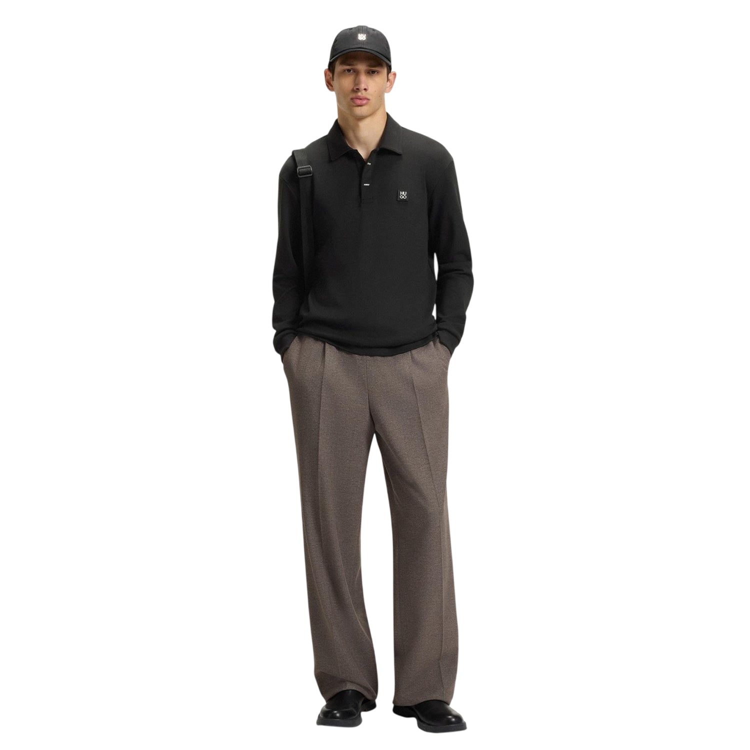Black - Side - Hugo Mens Patch Collared Long-Sleeved Polo Shirt