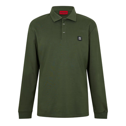 Dark Green - Front - Hugo Mens Patch Collared Long-Sleeved Polo Shirt