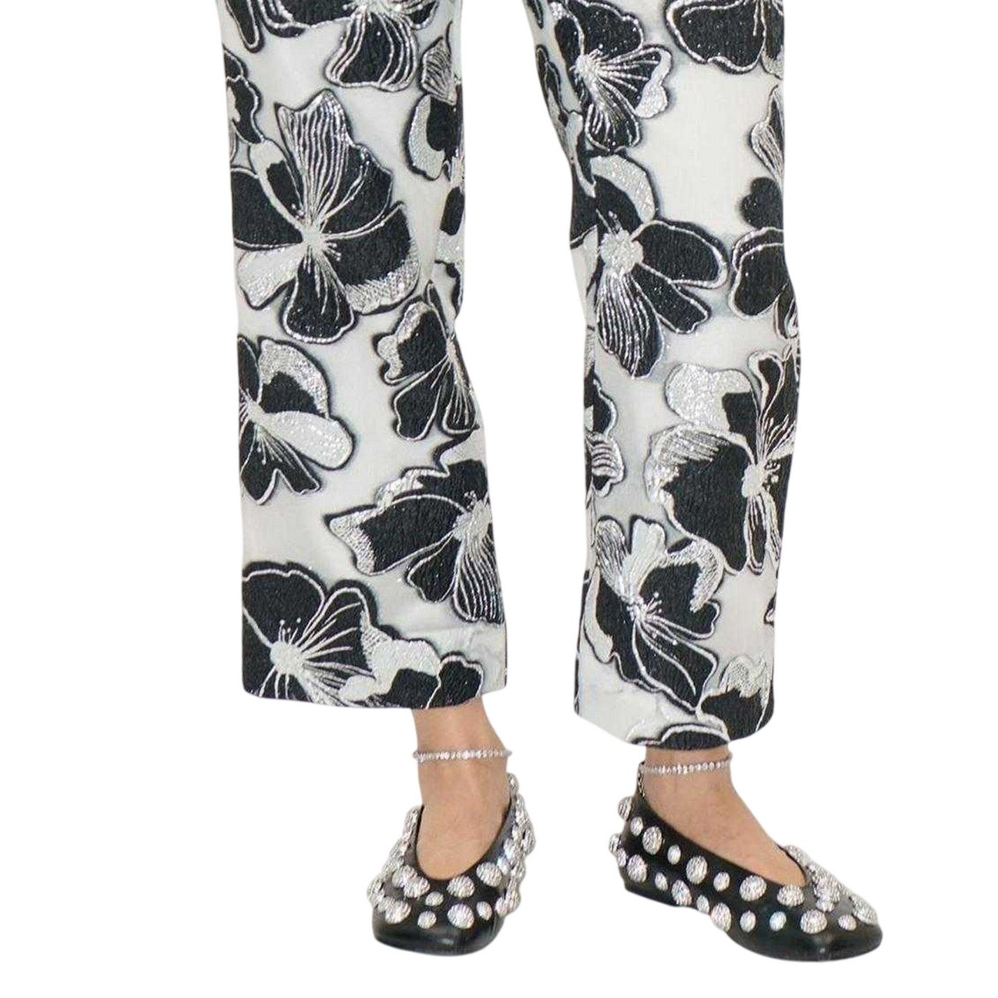White-Black - Side - Stine Goya Womens-Ladies Floral Pattern Metallic Thread Formal Trousers