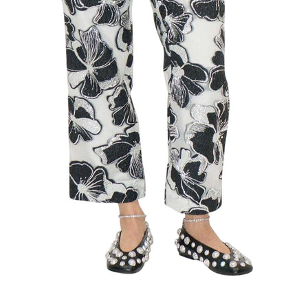 White-Black - Side - Stine Goya Womens-Ladies Floral Pattern Metallic Thread Formal Trousers