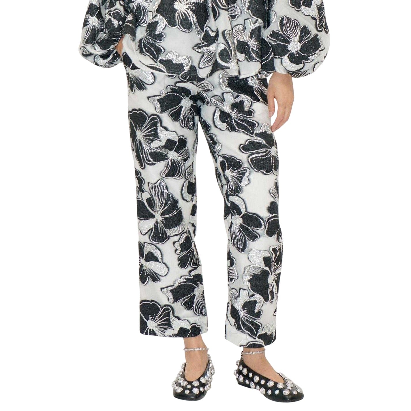 White-Black - Front - Stine Goya Womens-Ladies Floral Pattern Metallic Thread Formal Trousers