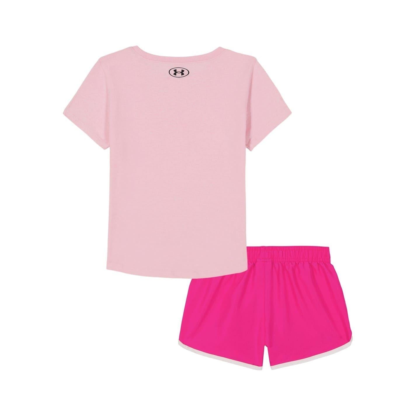 Pink - Back - Under Armour Girls Big Logo T-Shirt & Shorts Set