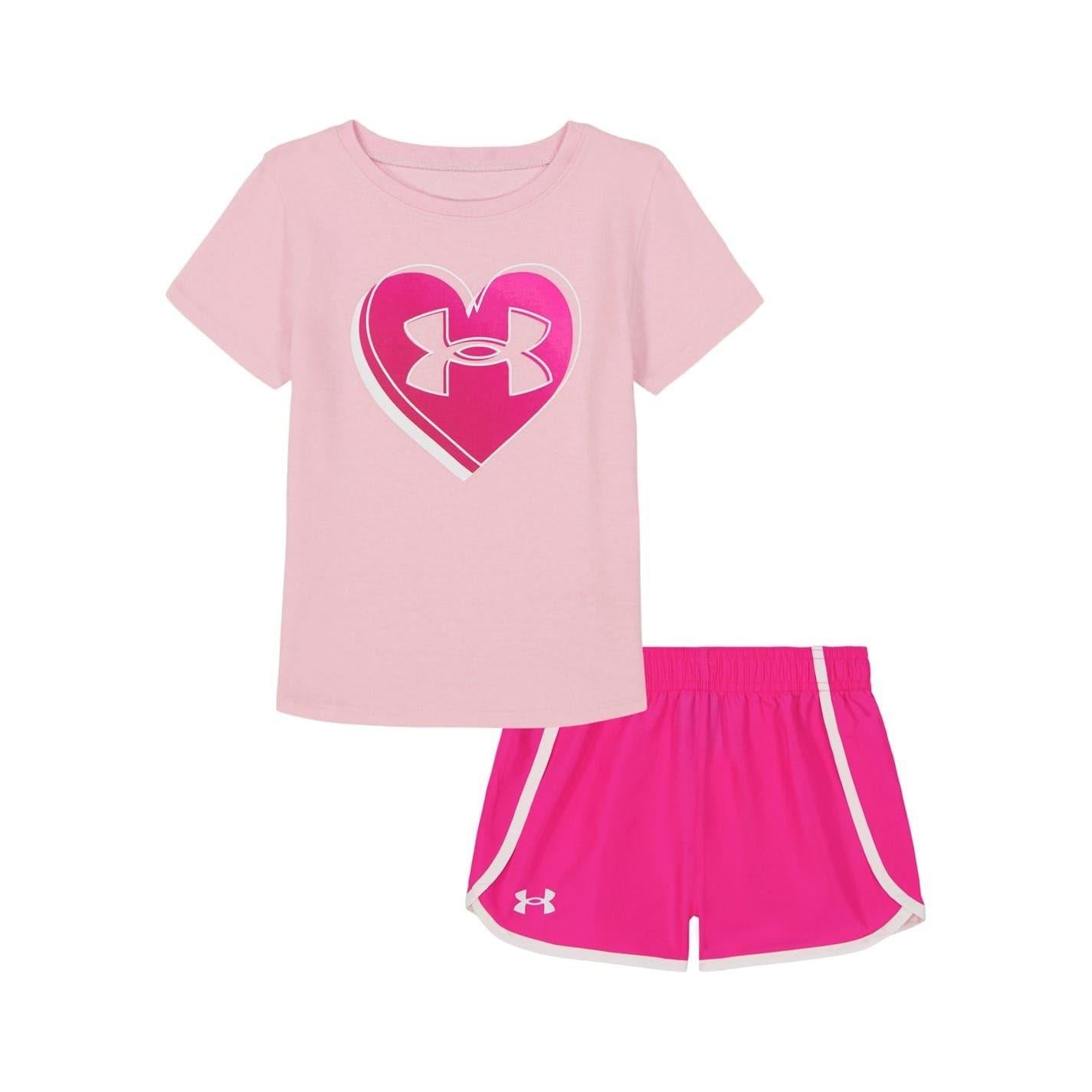 Pink - Front - Under Armour Girls Big Logo T-Shirt & Shorts Set