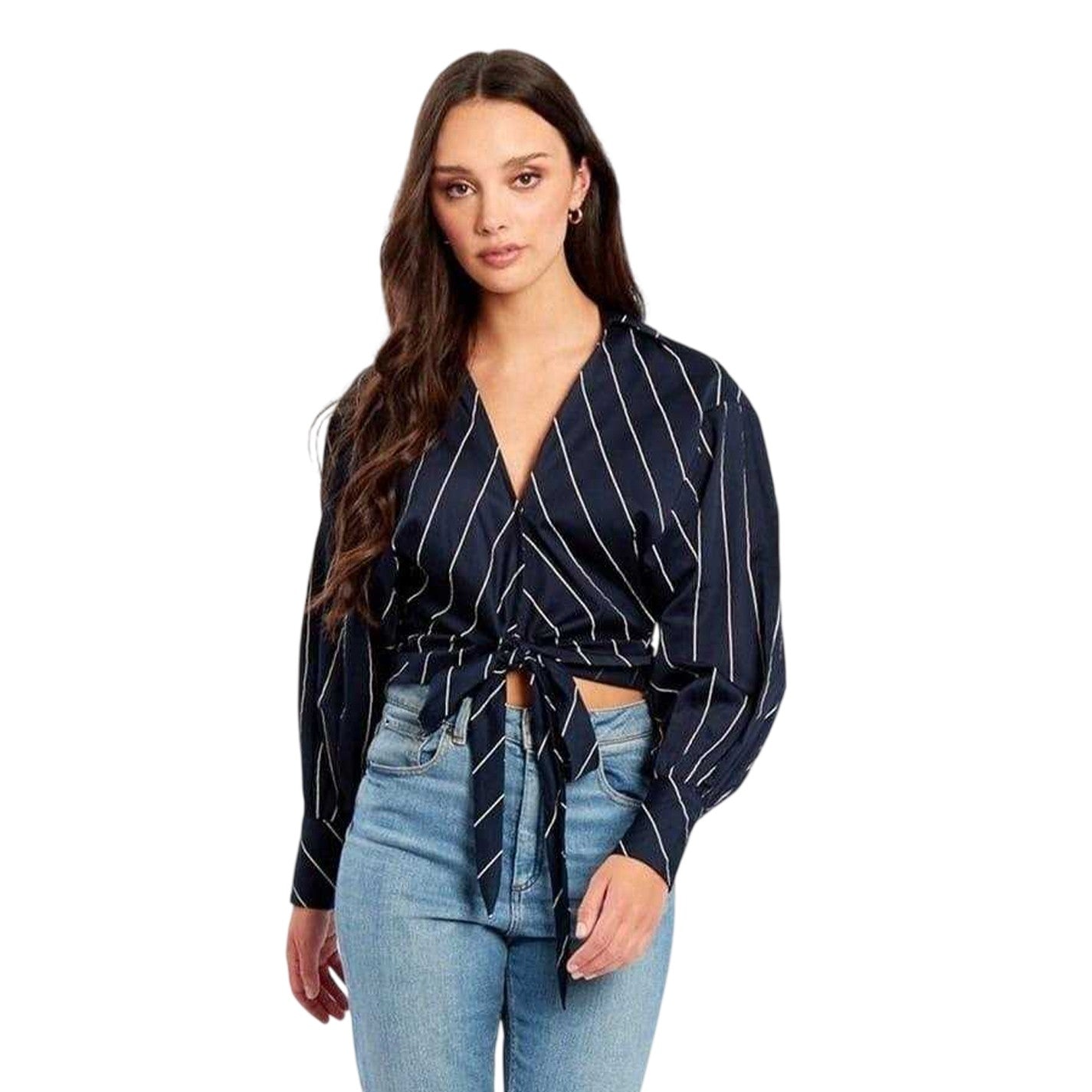 Navy - Side - Influence Womens-Ladies Cropped Relaxed Fit Balloon Sleeve Shirt