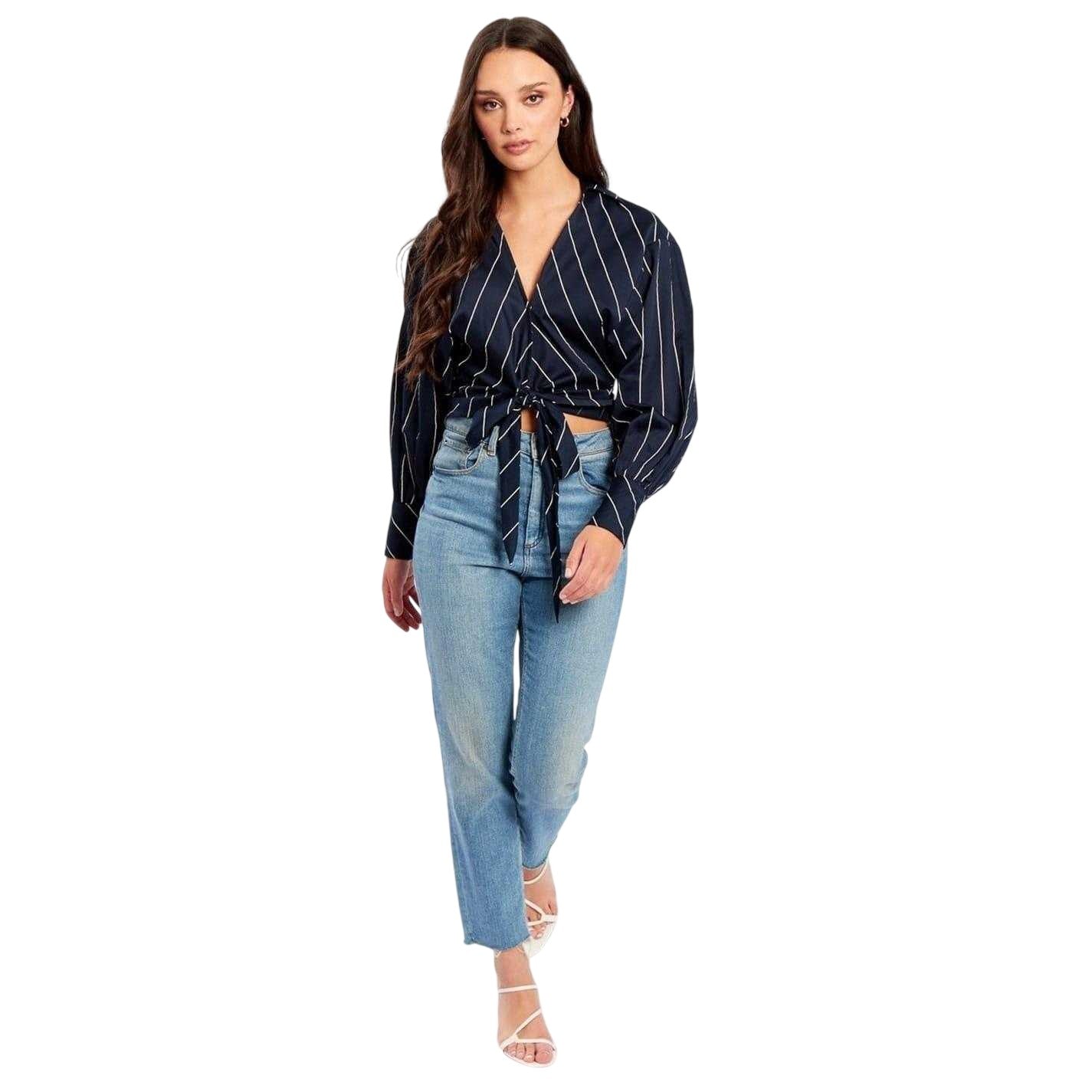 Navy - Front - Influence Womens-Ladies Cropped Relaxed Fit Balloon Sleeve Shirt