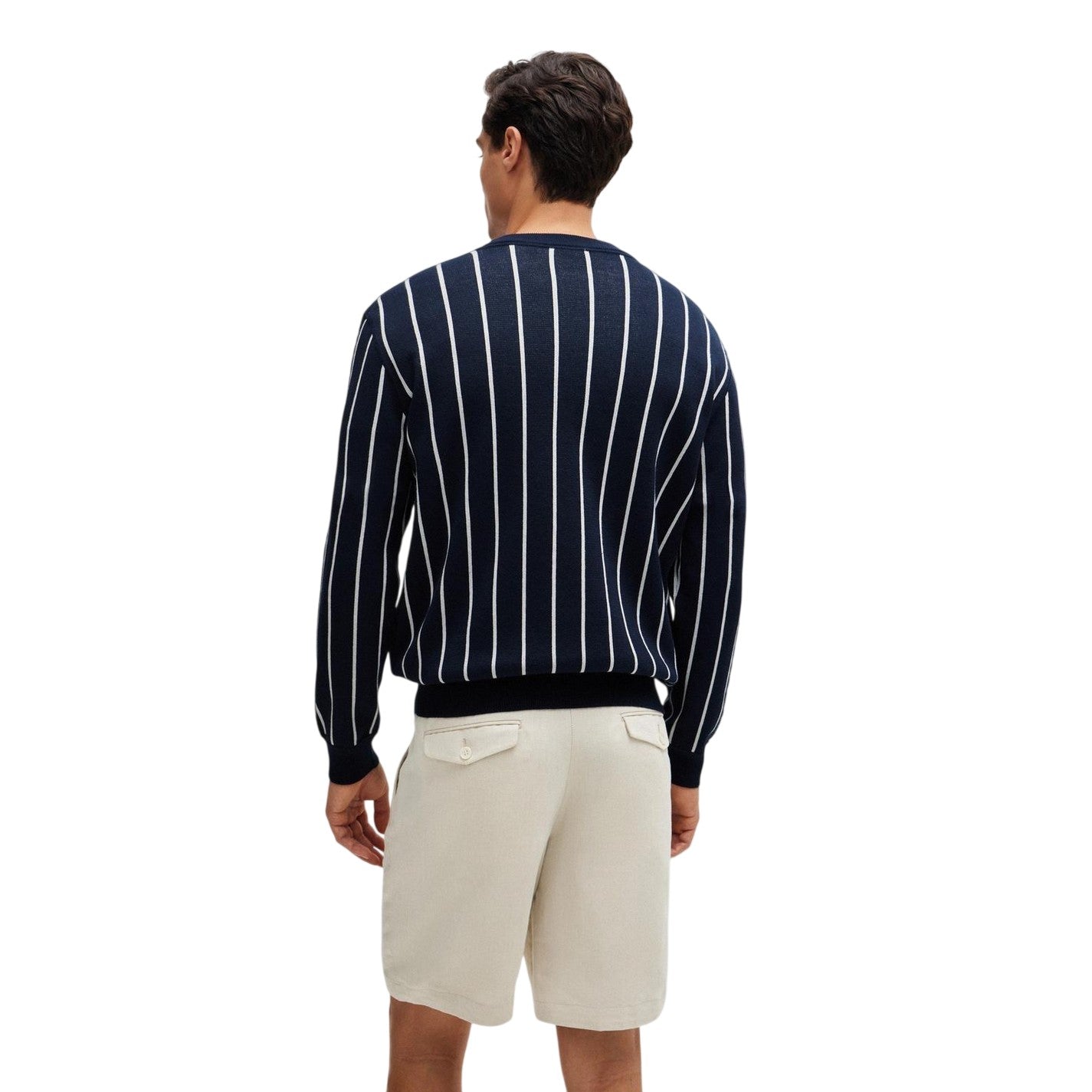 Dark Blue - Back - Boss Mens Striped Knitted Casual Jumper