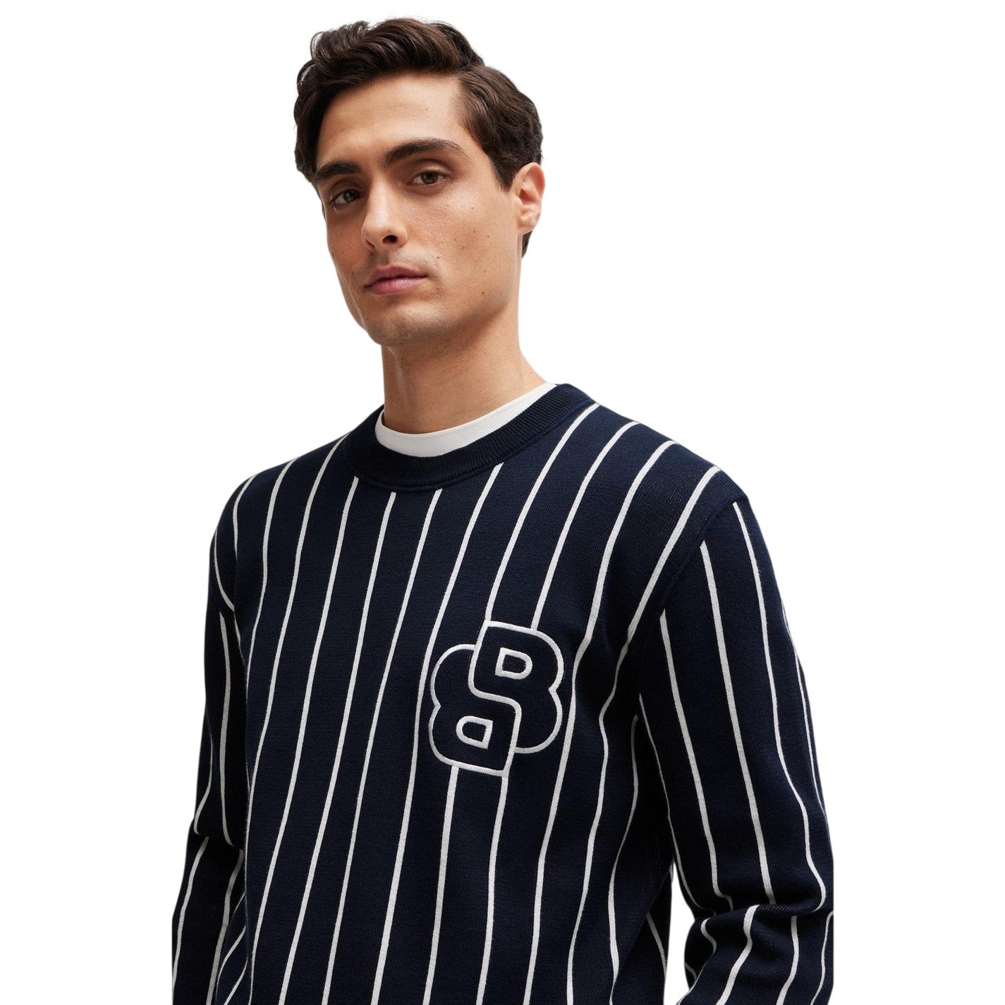Dark Blue - Side - Boss Mens Striped Knitted Casual Jumper
