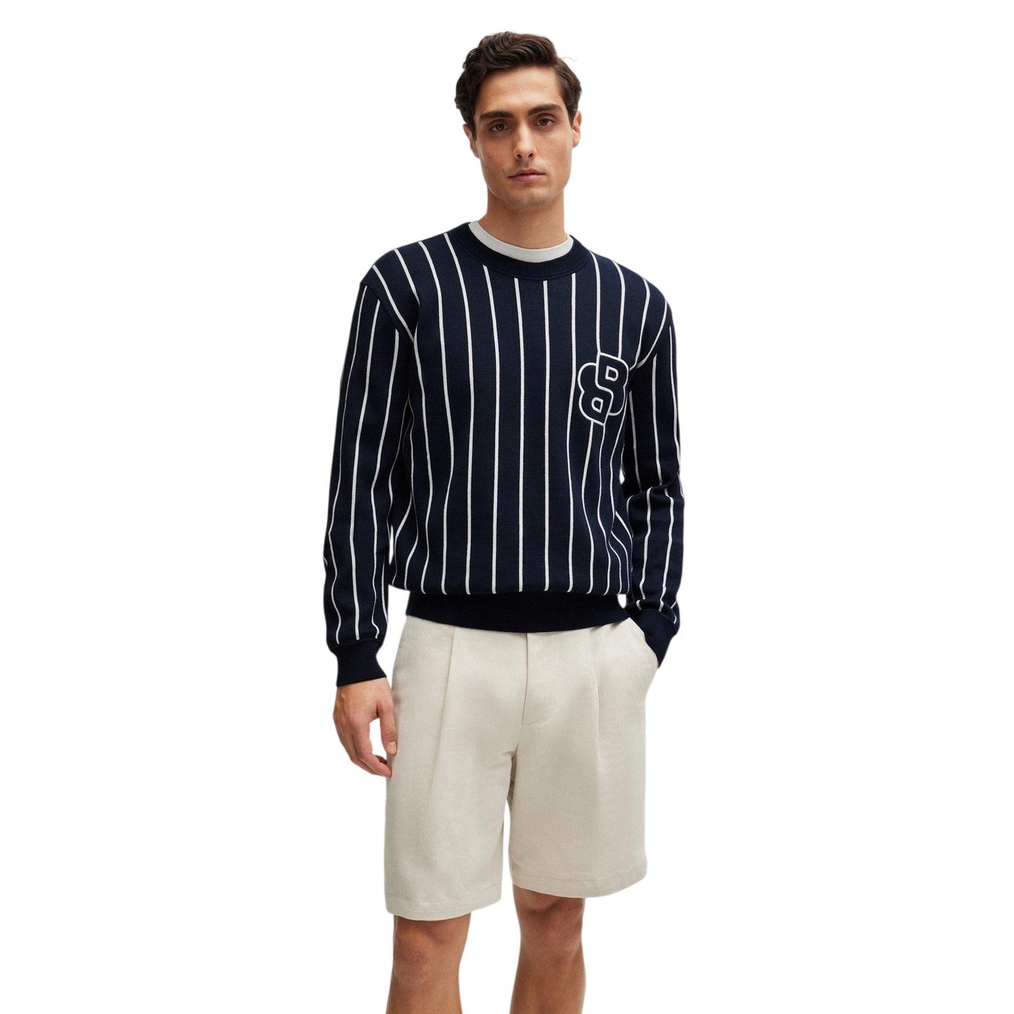 Dark Blue - Lifestyle - Boss Mens Striped Knitted Casual Jumper