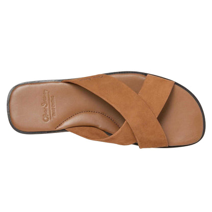 Tan - Side - Oliver Sweeney Mens Chesil Leather Cross Strap Flat Flip Flops
