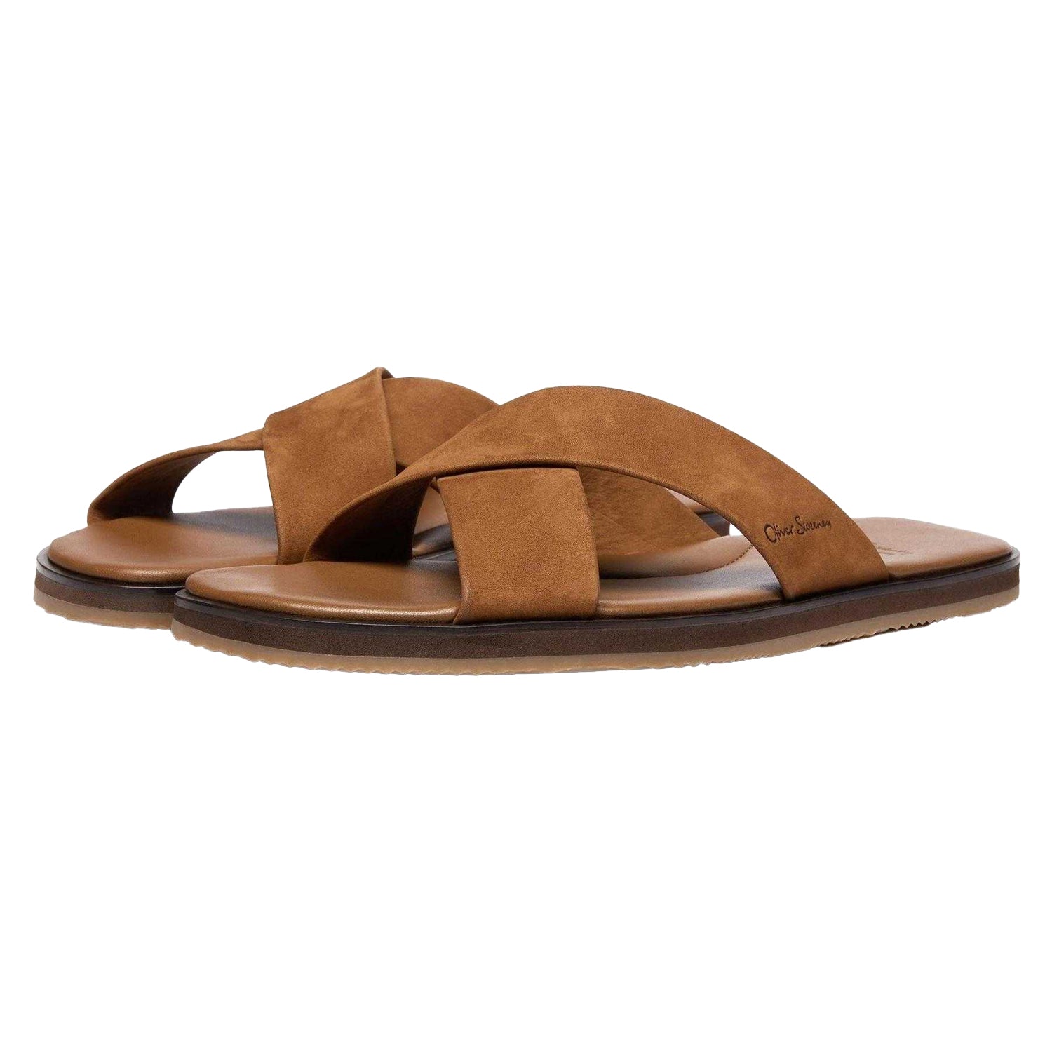 Tan - Pack Shot - Oliver Sweeney Mens Chesil Leather Cross Strap Flat Flip Flops