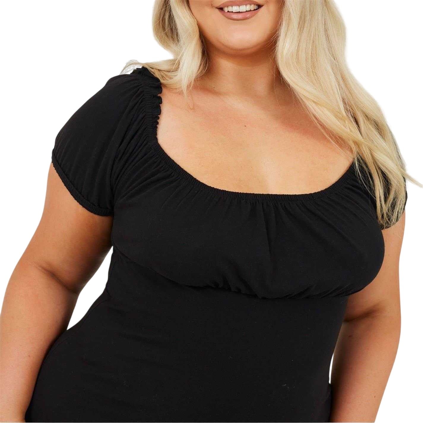 Black - Side - Brave Soul Womens-Ladies Square Neck Plus Short-Sleeved Mini Dress
