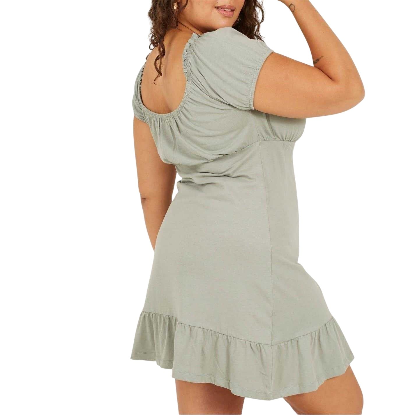 Sage - Back - Brave Soul Womens-Ladies Square Neck Plus Short-Sleeved Mini Dress