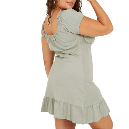 Sage - Back - Brave Soul Womens-Ladies Square Neck Plus Short-Sleeved Mini Dress