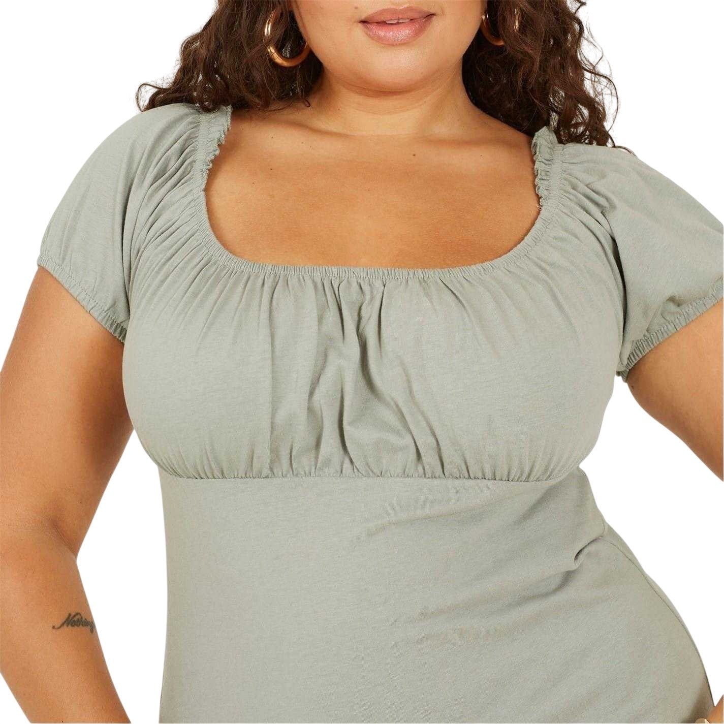 Sage - Side - Brave Soul Womens-Ladies Square Neck Plus Short-Sleeved Mini Dress