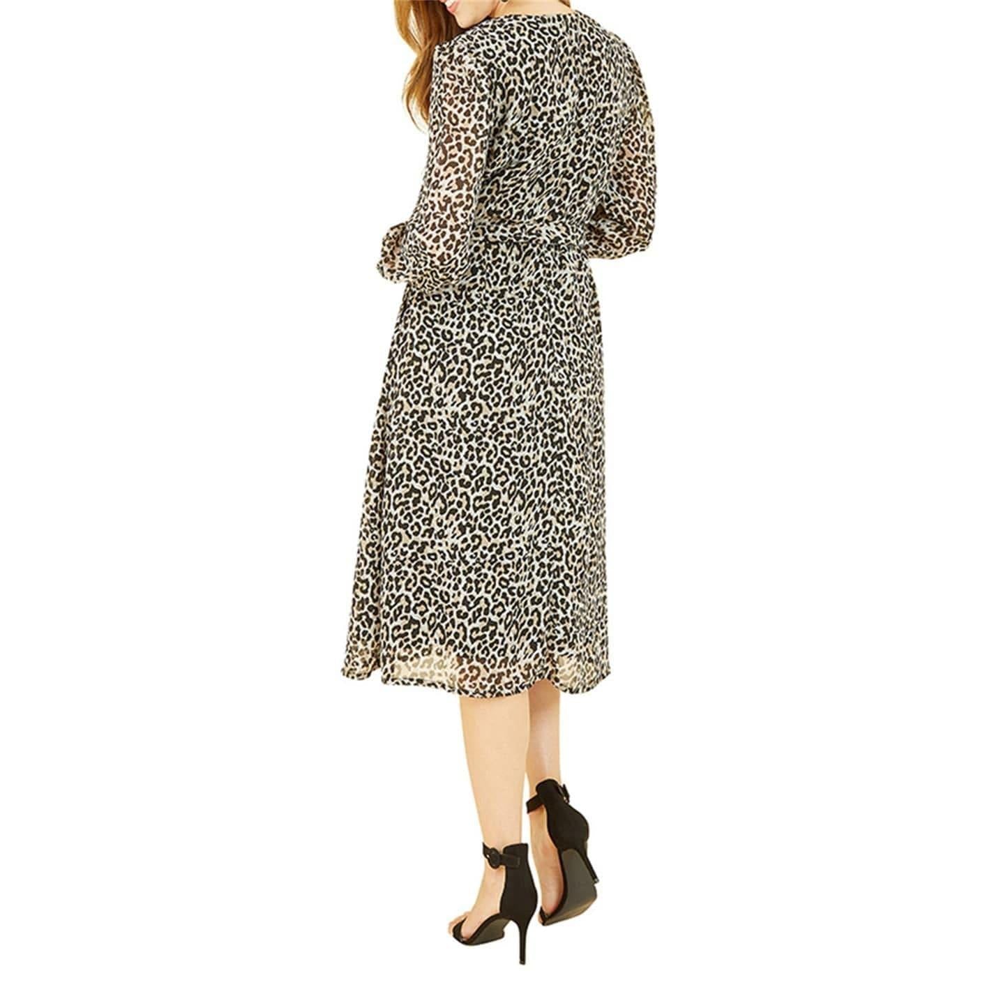 Brown-Black - Back - Yumi Womens-Ladies Leopard Print Crew Neck Skater Dress