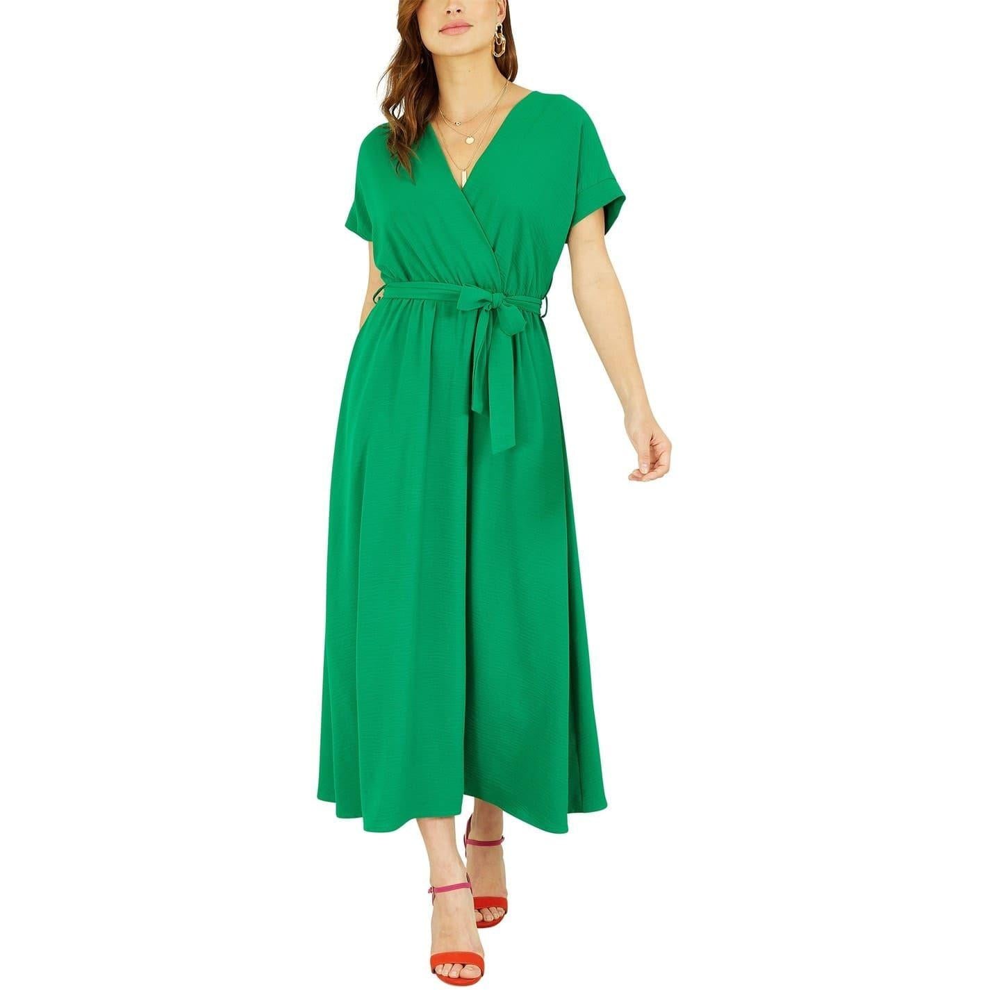 Bright Green - Side - Yumi Womens-Ladies V Neck Kimono Sleeve Wrap Dress