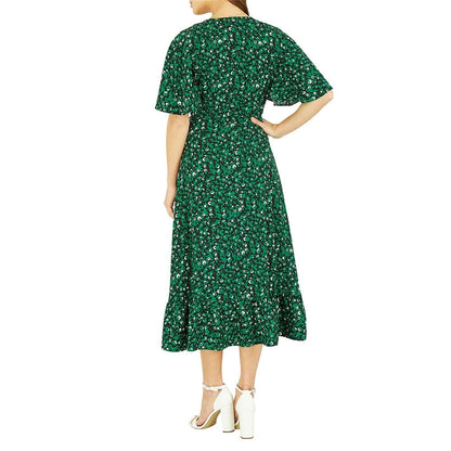 Green - Back - Mela London Womens-Ladies Leopard Print V Neck Flutter Wrap Dress
