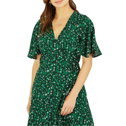 Green - Side - Mela London Womens-Ladies Leopard Print V Neck Flutter Wrap Dress