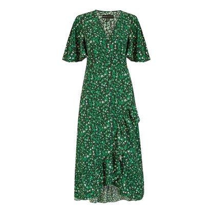 Green - Front - Mela London Womens-Ladies Leopard Print V Neck Flutter Wrap Dress
