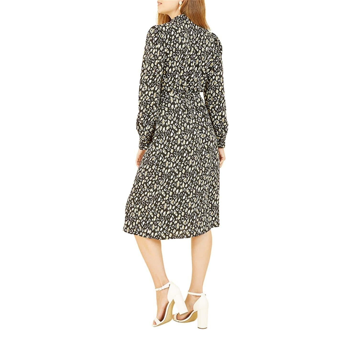 Black - Back - Yumi Womens-Ladies Leopard Print Collared Midi Shirt Dress