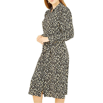 Black - Side - Yumi Womens-Ladies Leopard Print Collared Midi Shirt Dress