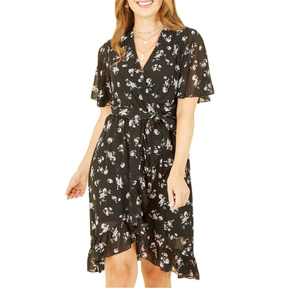 Black - Side - Mela London Womens-Ladies Floral V Neck Wrap Dress