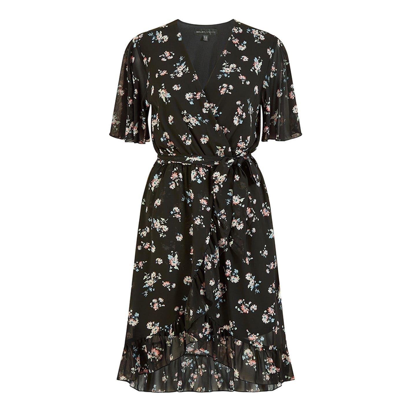 Black - Front - Mela London Womens-Ladies Floral V Neck Wrap Dress