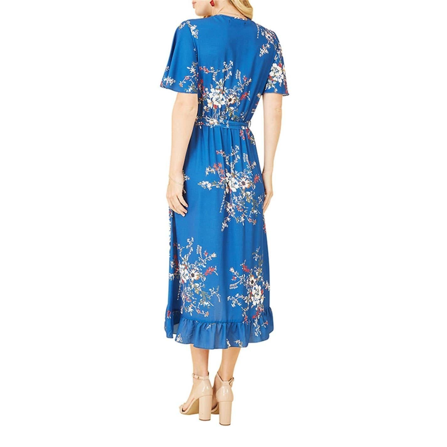 Blue - Back - Mela London Womens-Ladies Floral V Neck Flutter Wrap Dress