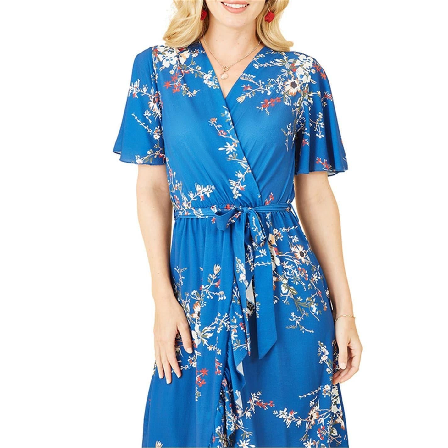 Blue - Side - Mela London Womens-Ladies Floral V Neck Flutter Wrap Dress