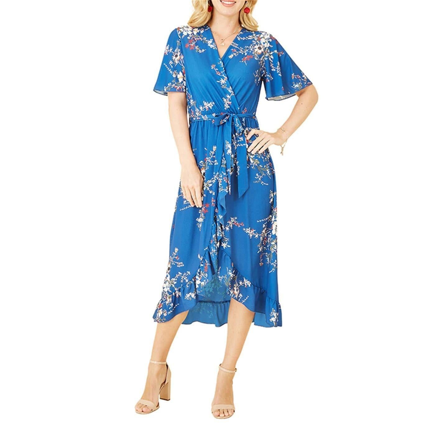 Blue - Lifestyle - Mela London Womens-Ladies Floral V Neck Flutter Wrap Dress