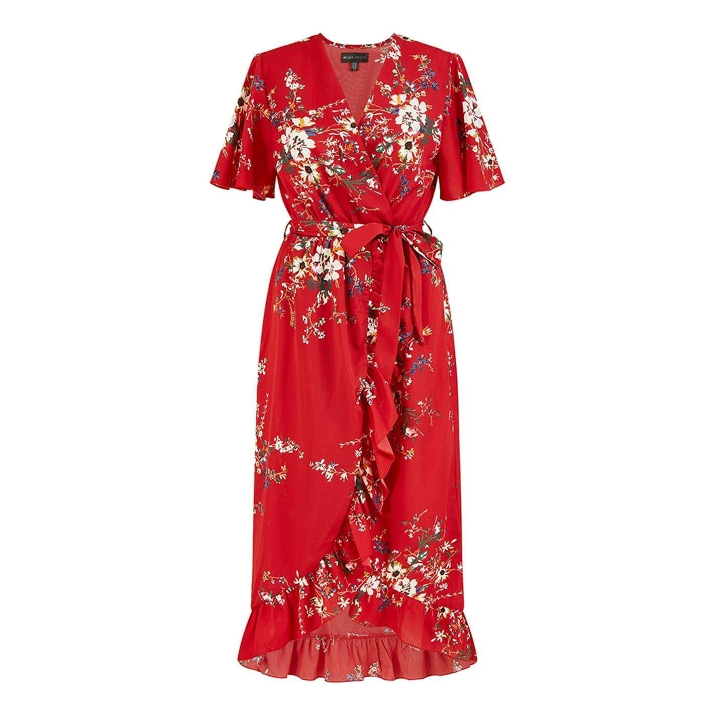 Red - Front - Mela London Womens-Ladies Floral V Neck Flutter Wrap Dress