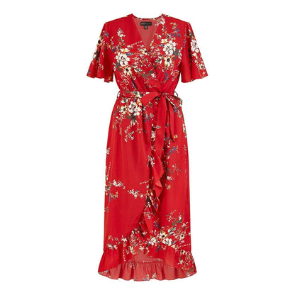Red - Front - Mela London Womens-Ladies Floral V Neck Flutter Wrap Dress