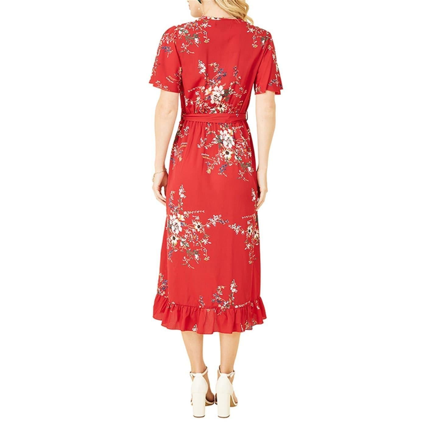 Red - Back - Mela London Womens-Ladies Floral V Neck Flutter Wrap Dress