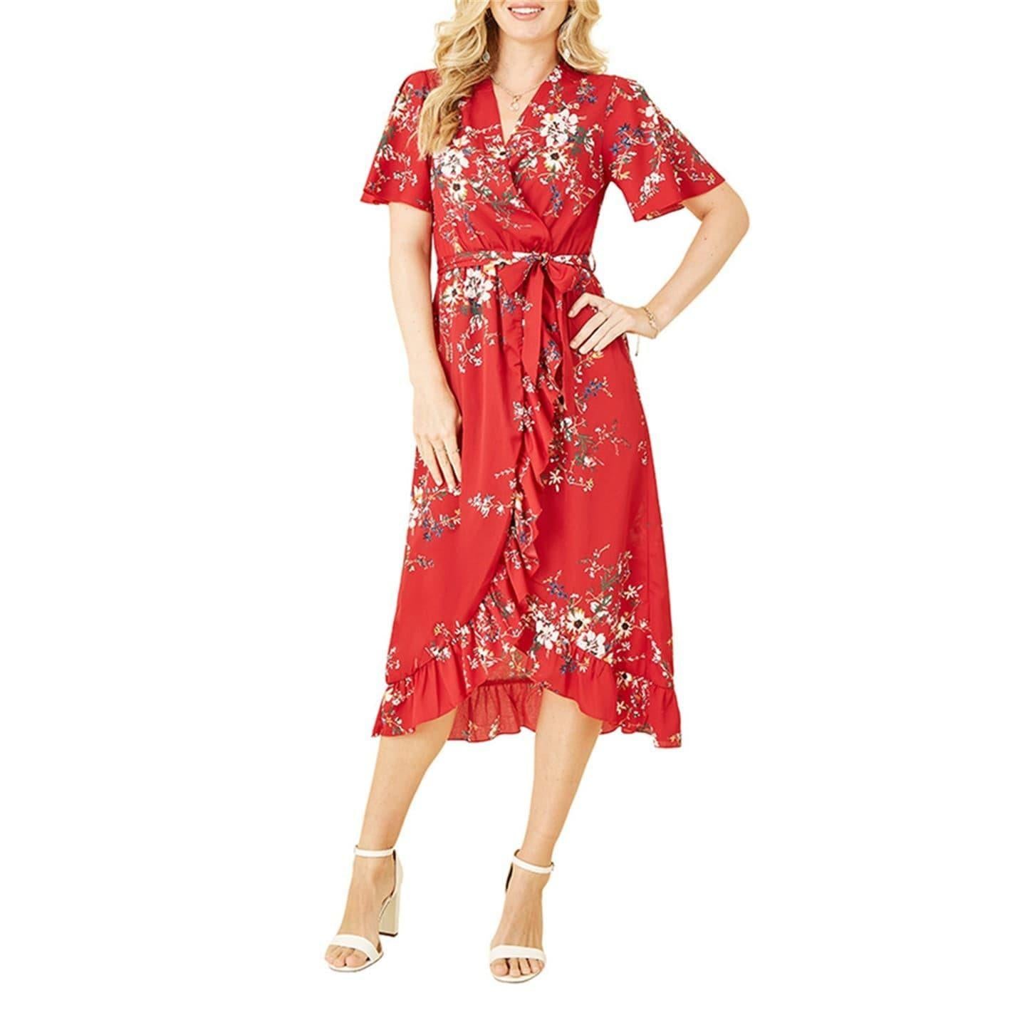 Red - Lifestyle - Mela London Womens-Ladies Floral V Neck Flutter Wrap Dress