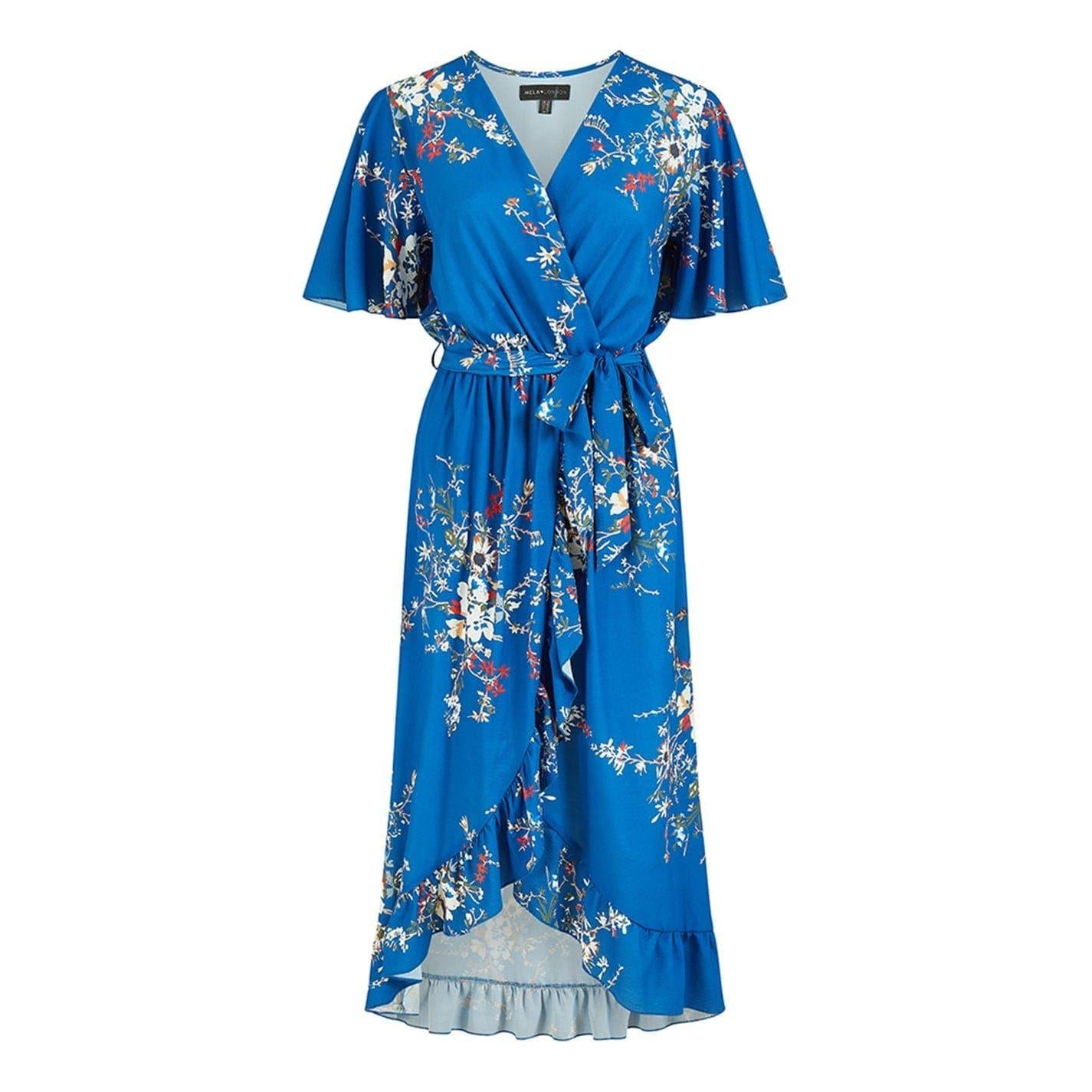 Blue - Front - Mela London Womens-Ladies Floral V Neck Flutter Wrap Dress