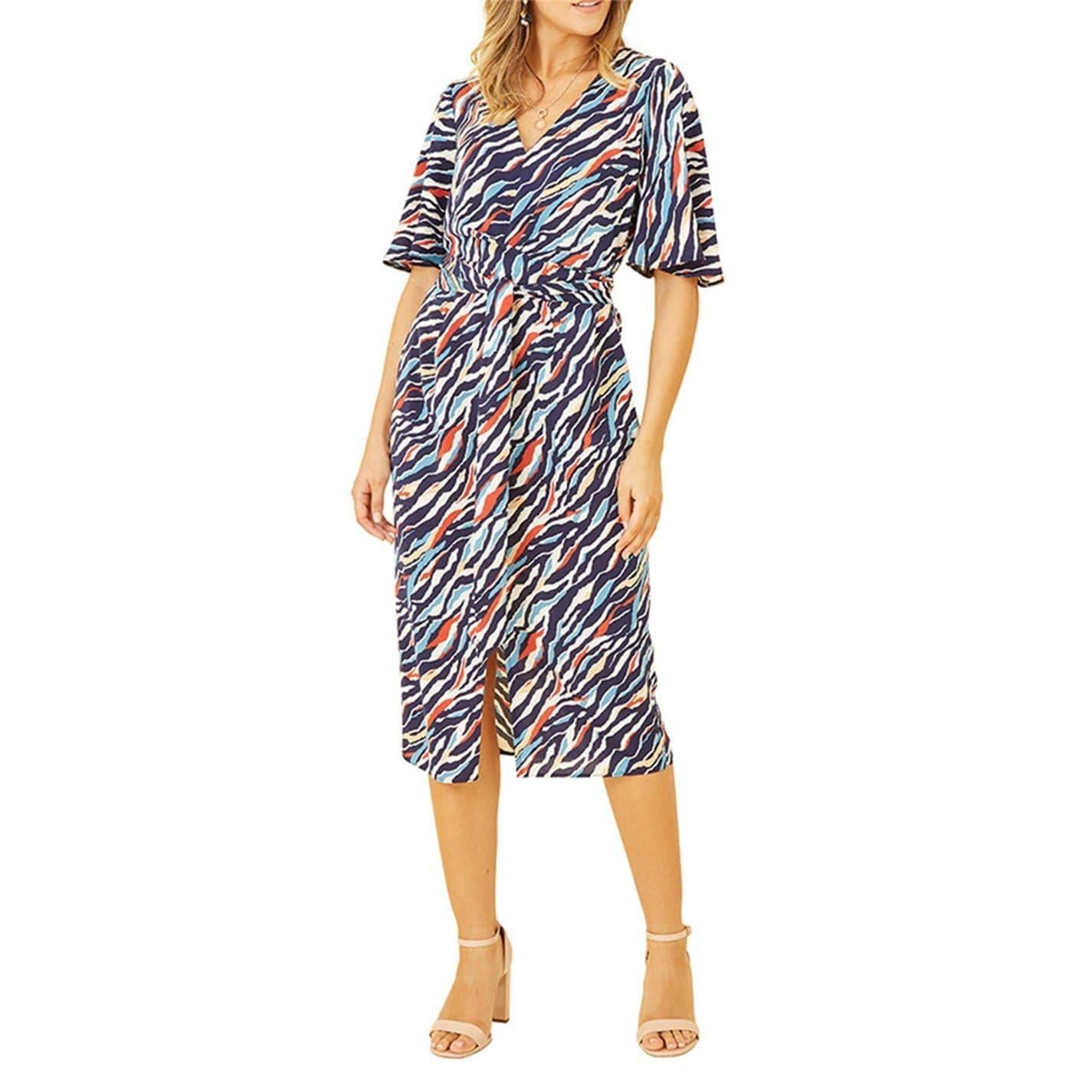 Navy - Back - Yumi Womens-Ladies Zebra Print V Neck Wrap Dress