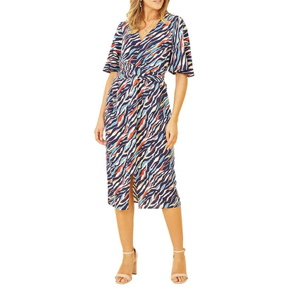 Navy - Back - Yumi Womens-Ladies Zebra Print V Neck Wrap Dress
