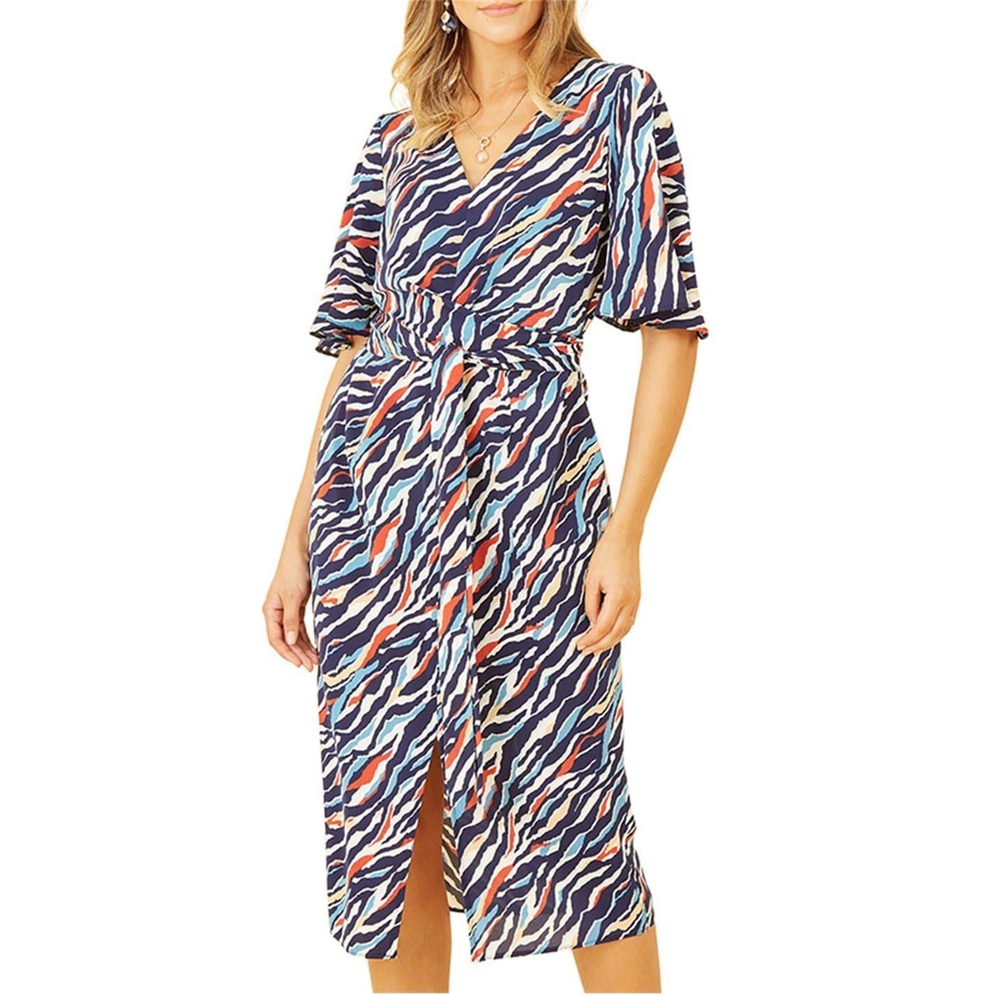 Navy - Side - Yumi Womens-Ladies Zebra Print V Neck Wrap Dress