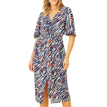 Navy - Side - Yumi Womens-Ladies Zebra Print V Neck Wrap Dress