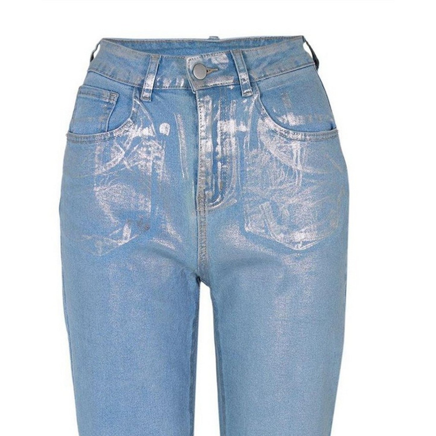 Silver - Side - AmyLynn Womens-Ladies Lupe Metallic 5 Pockets Jeans