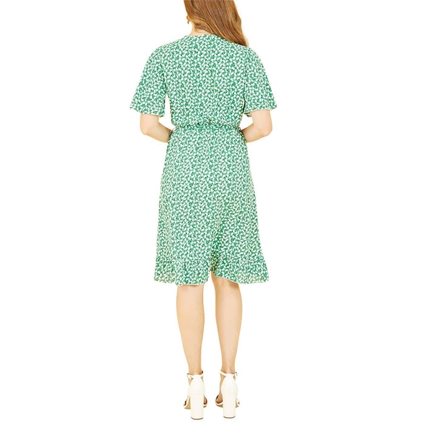 Green - Back - Mela London Womens-Ladies Ditsy Floral V Neck Wrap Dress