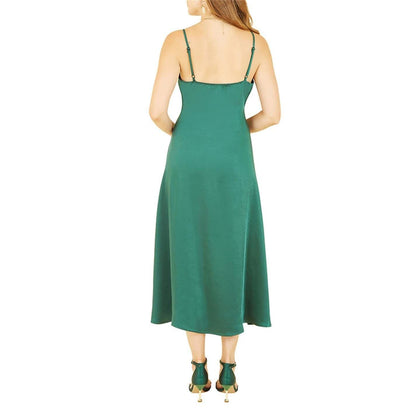 Green - Back - Yumi Womens-Ladies Satin V Neck Slip Dress