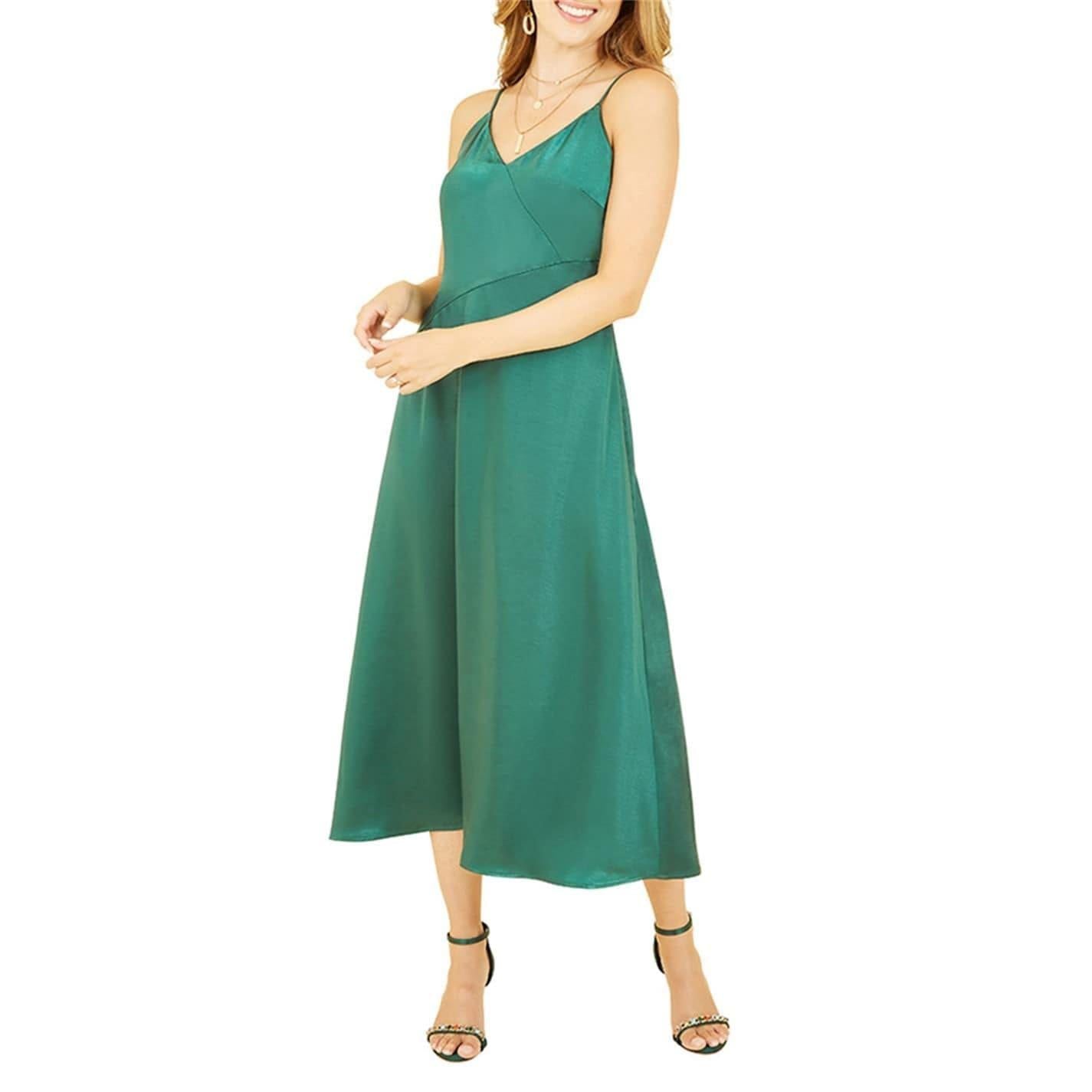Green - Lifestyle - Yumi Womens-Ladies Satin V Neck Slip Dress